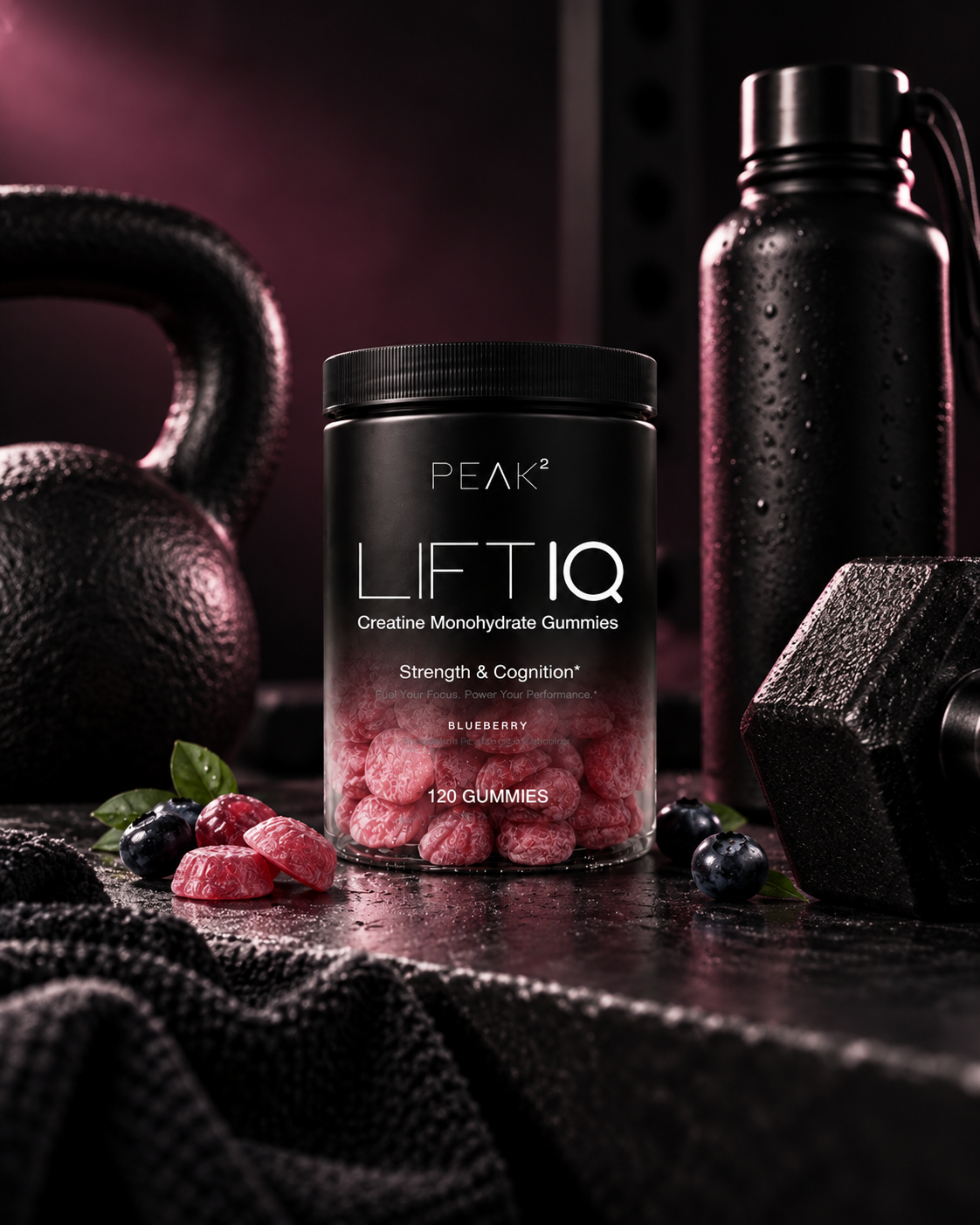 PEAK² LIFTIQ jar with dumbbell and shaker